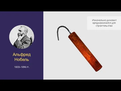 Альфред Нобель 1833–1896 гг. Изначально динамит предназначался для строительства