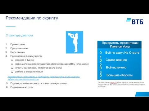 Рекомендации по скрипту пиритизация Приветствие Представление Цель звонка Презентация преимуществ: рассказ