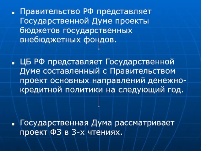 Правительство РФ представляет Государственной Думе проекты бюджетов государственных внебюджетных фондов. ЦБ