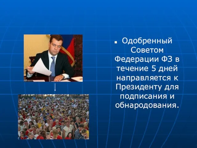 Одобренный Советом Федерации ФЗ в течение 5 дней направляется к Президенту для подписания и обнародования.