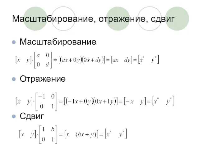 Масштабирование, отражение, сдвиг Масштабирование Отражение Сдвиг