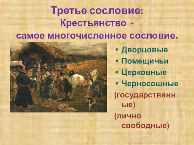 Третье сословие: Крестьянство - самое многочисленное сословие. Дворцовые Помещичьи Церковные Черносошные (государственные) (лично свободные)