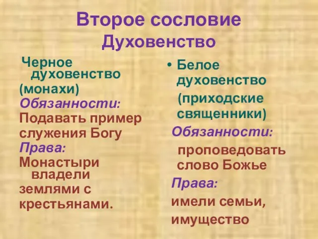 Второе сословие Духовенство Черное духовенство (монахи) Обязанности: Подавать пример служения Богу