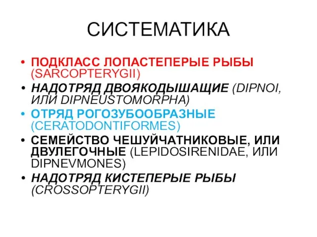 СИСТЕМАТИКА ПОДКЛАСС ЛОПАСТЕПЕРЫЕ РЫБЫ (SARCOPTERYGII) НАДОТРЯД ДВОЯКОДЫШАЩИЕ (DIPNOI, ИЛИ DIPNEUSTOMORPHA) ОТРЯД