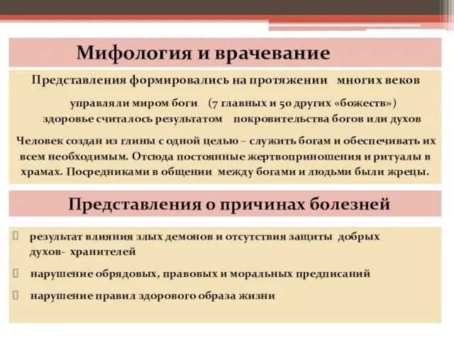 Мифология и врачевание Представления формировались на протяжении многих веков управляли миром