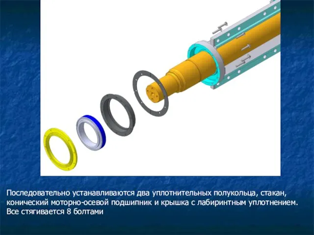 Последовательно устанавливаются два уплотнительных полукольца, стакан, конический моторно-осевой подшипник и крышка