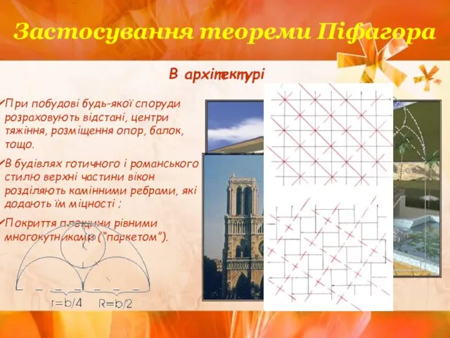 Застосування теореми Піфагора В архітектурі При побудові будь-якої споруди розраховують відстані,