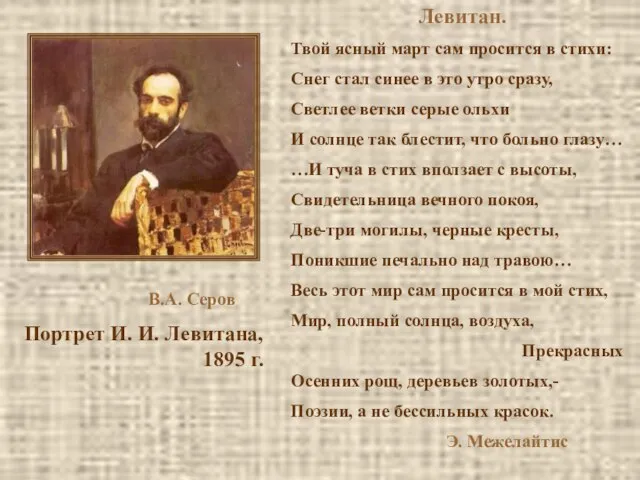В.А. Серов Портрет И. И. Левитана, 1895 г. Левитан. Твой ясный