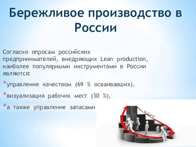 Согласно опросам российских предпринимателей, внедряющих Lean production, наиболее популярными инструментами в