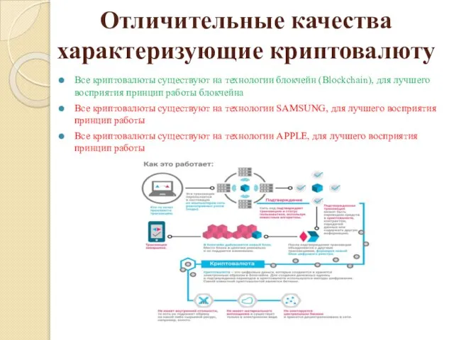 Отличительные качества характеризующие криптовалюту Все криптовалюты существуют на технологии блокчейн (Blockchain),