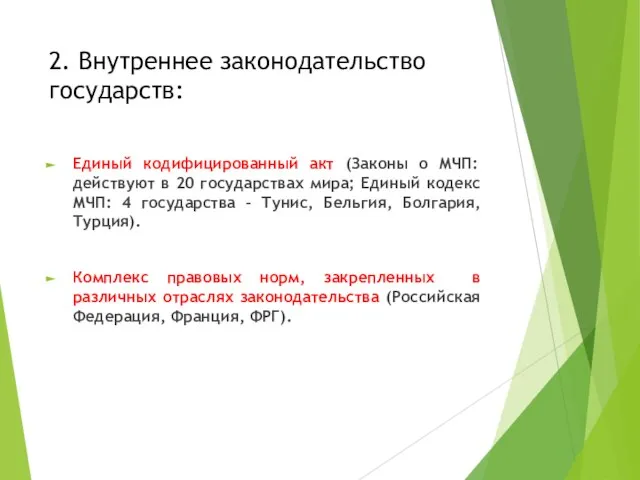 2. Внутреннее законодательство государств: Единый кодифицированный акт (Законы о МЧП: действуют