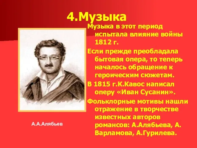 4.Музыка Музыка в этот период испытала влияние войны 1812 г. Если