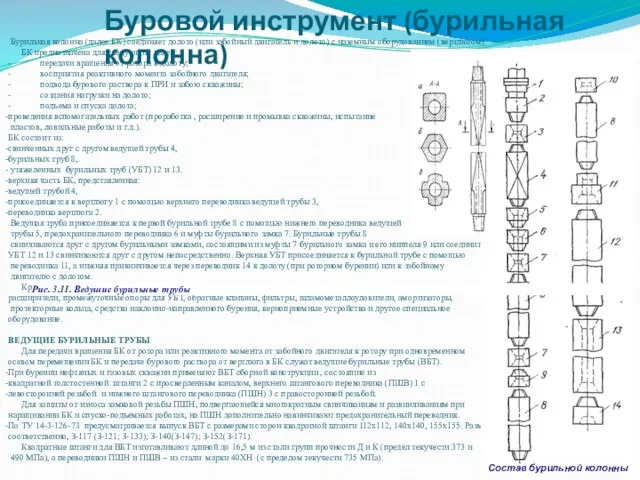 Бурильная колонна (далее БК) соединяет долото (или забойный двигатель и долото)