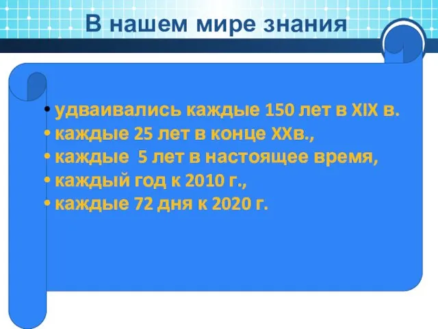 В нашем мире знания удваивались каждые 150 лет в XIX в.