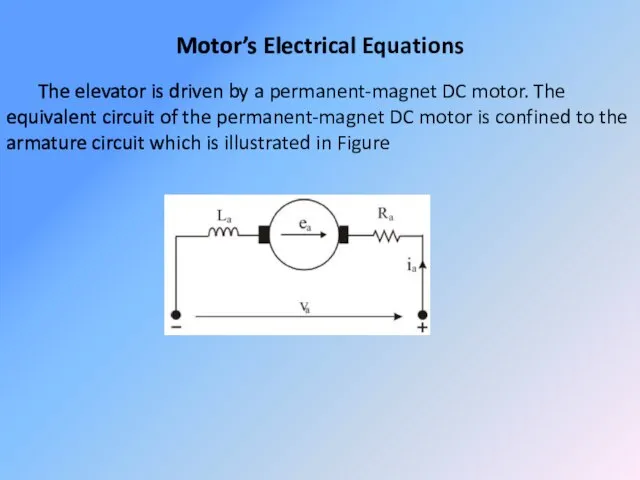 Motor’s Electrical Equations The elevator is driven by a permanent-magnet DC