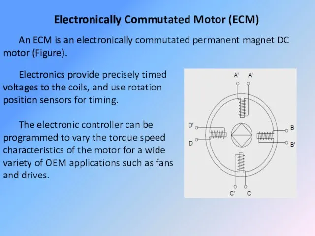 Electronically Commutated Motor (ECM) An ECM is an electronically commutated permanent