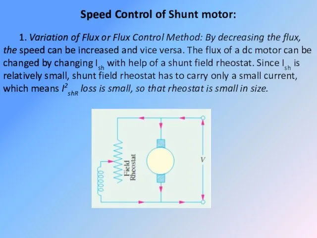 Speed Control of Shunt motor: 1. Variation of Flux or Flux