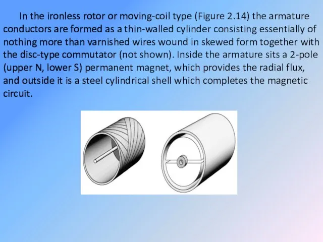 In the ironless rotor or moving-coil type (Figure 2.14) the armature