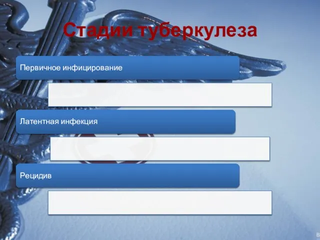 Стадии туберкулеза Первичное инфицирование Латентная инфекция Рецидив