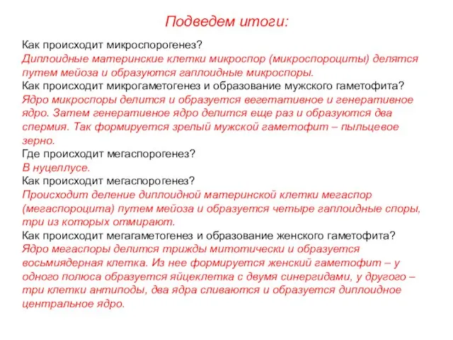 Подведем итоги: Как происходит микроспорогенез? Диплоидные материнские клетки микроспор (микроспороциты) делятся