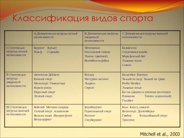 Классификация видов спорта Mitchell et al., 2003