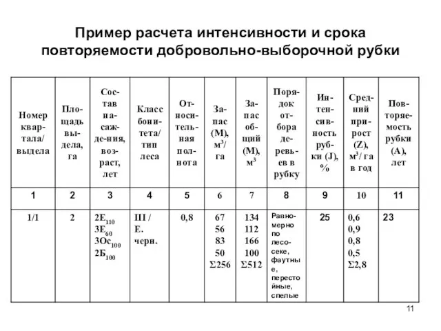 Пример расчета интенсивности и срока повторяемости добровольно-выборочной рубки