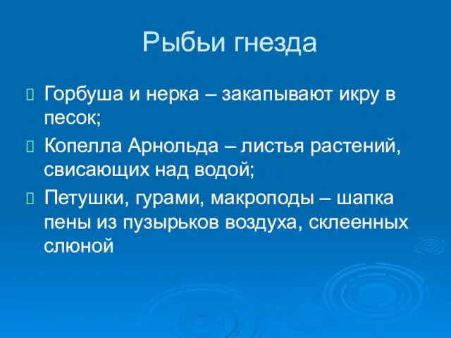 Рыбьи гнезда Горбуша и нерка – закапывают икру в песок; Копелла