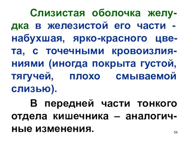 Слизистая оболочка желу-дка в железистой его части - набухшая, ярко-красного цве-та,