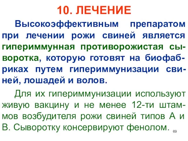 10. ЛЕЧЕНИЕ Высокоэффективным препаратом при лечении рожи свиней является гипериммунная противорожистая