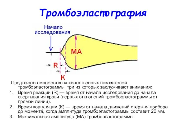 Тромбоэластография Предложено множество количественных показателей тромбоэластограммы, три из которых заслуживают внимания: