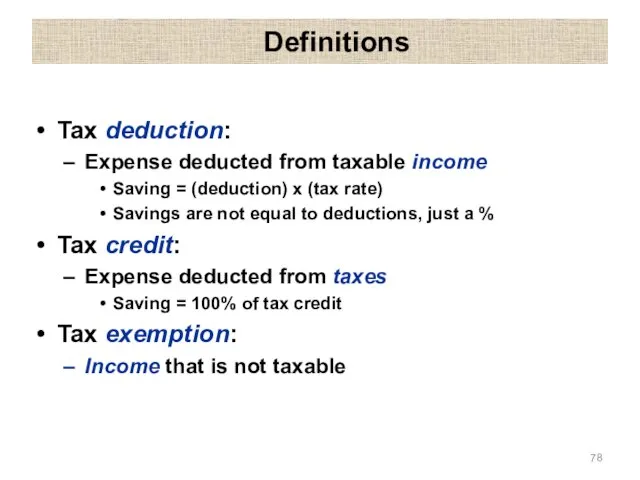 Definitions Tax deduction: Expense deducted from taxable income Saving = (deduction)