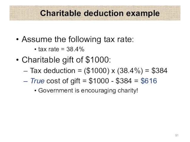 Charitable deduction example Assume the following tax rate: tax rate =
