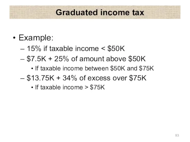 Graduated income tax Example: 15% if taxable income $7.5K + 25%