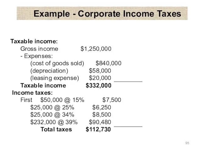 Example - Corporate Income Taxes Taxable income: Gross income $1,250,000 -