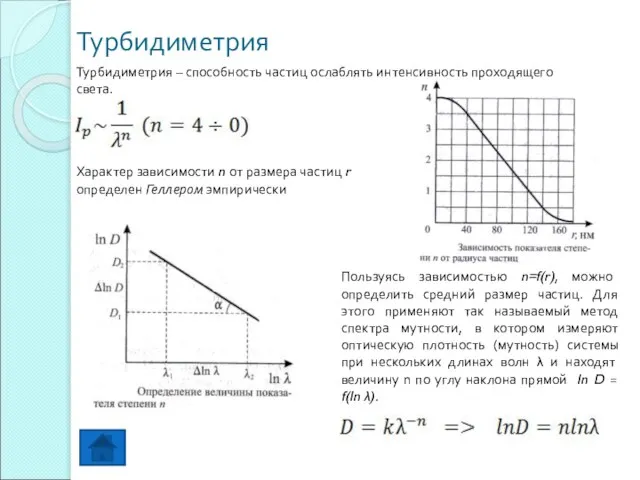 Турбидиметрия Турбидиметрия – способность частиц ослаблять интенсивность проходящего света. Характер зависимости