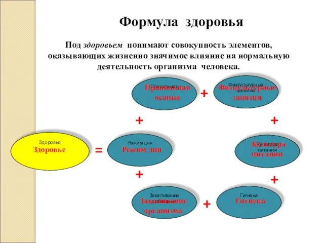 Формула здоровья Под здоровьем понимают совокупность элементов, оказывающих жизненно значимое влияние на нормальную деятельность организма человека.