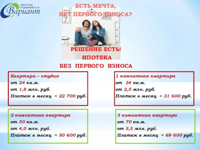 ЕСТЬ МЕЧТА, НЕТ ПЕРВОГО ВЗНОСА? РЕШЕНИЕ ЕСТЬ! ИПОТЕКА БЕЗ ПЕРВОГО ВЗНОСА