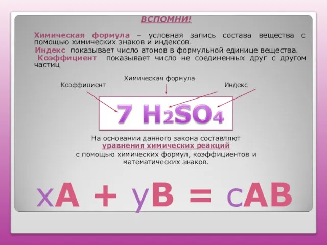 хА + уВ = сАВ ВСПОМНИ! Химическая формула – условная запись