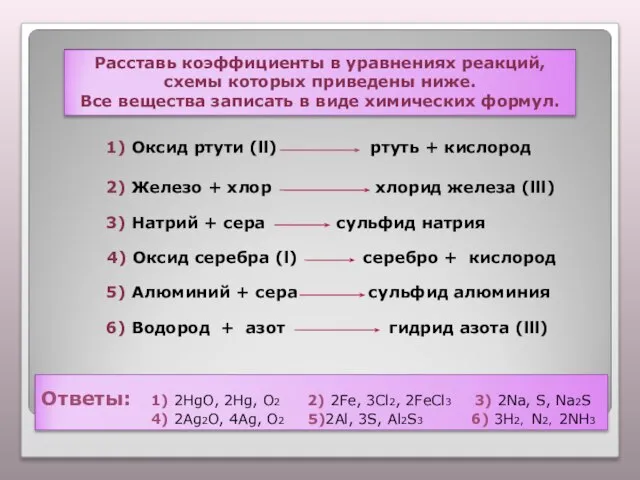 1) Оксид ртути (ll) ртуть + кислород 2) Железо + хлор