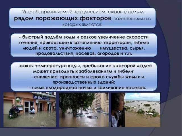 Ущерб, причиняемый наводнением, связан с целым рядом поражающих факторов, важнейшими из