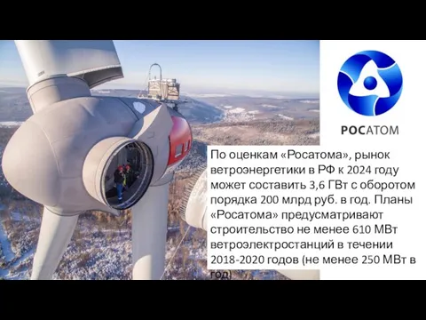 По оценкам «Росатома», рынок ветроэнергетики в РФ к 2024 году может