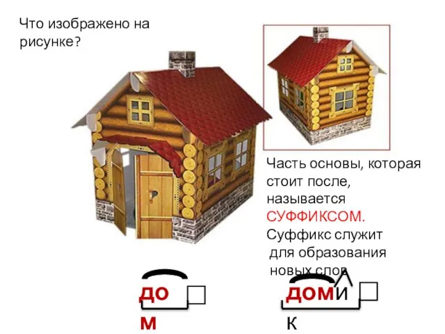 дом домик Часть основы, которая стоит после, называется СУФФИКСОМ. Суффикс служит