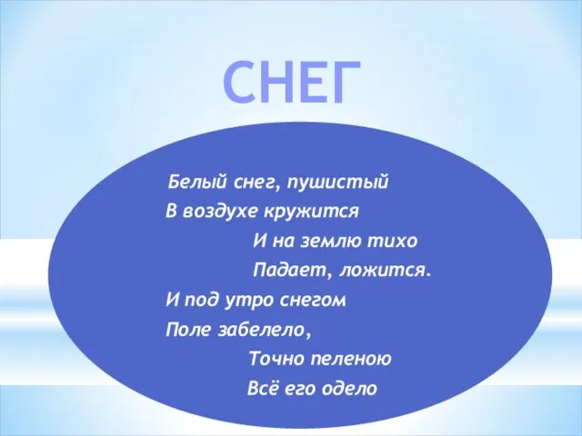 СНЕГ Белый снег, пушистый В воздухе кружится И на землю тихо