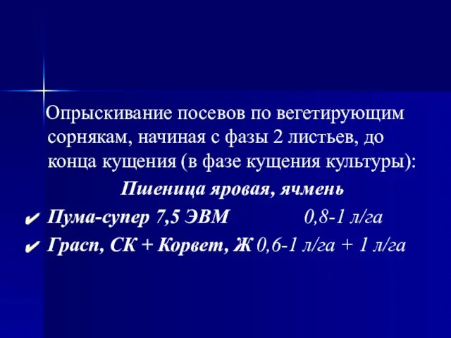 Опрыскивание посевов по вегетирующим сорнякам, начиная с фазы 2 листьев, до