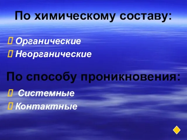 По химическому составу: Органические Неорганические Системные Контактные По способу проникновения: