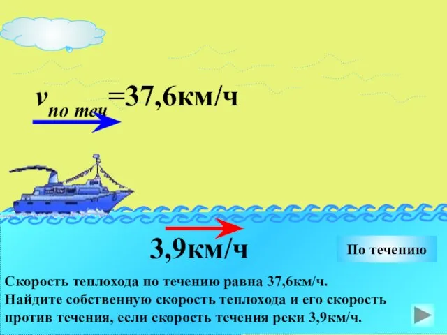 vпо теч=37,6км/ч 3,9км/ч По течению Скорость теплохода по течению равна 37,6км/ч.