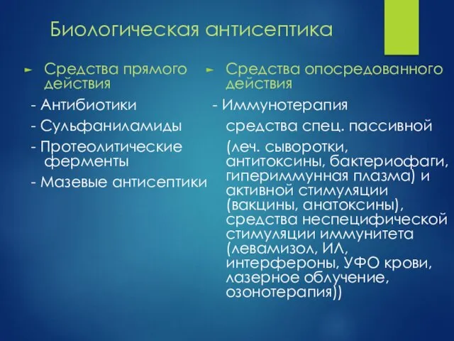 Биологическая антисептика Средства прямого действия - Антибиотики - Сульфаниламиды - Протеолитические