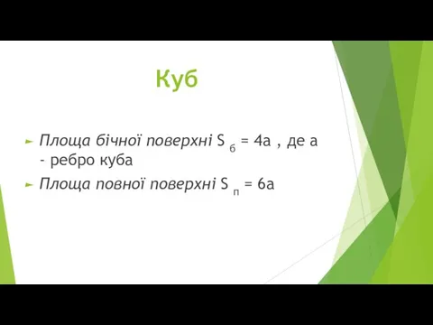 Куб Площа бічної поверхні S б = 4a , де а