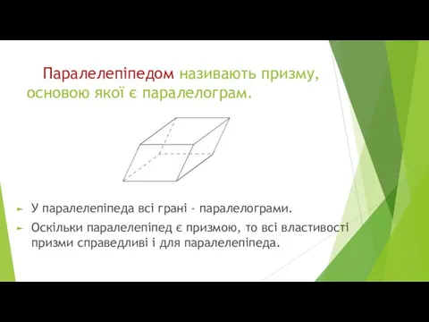 Паралелепіпедом називають призму, основою якої є паралелограм. У паралелепіпеда всі грані