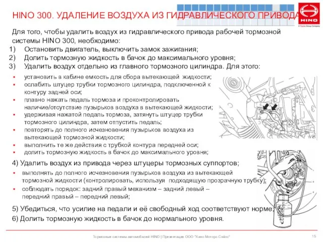 HINO 300. УДАЛЕНИЕ ВОЗДУХА ИЗ ГИДРАВЛИЧЕСКОГО ПРИВОДА Тормозные системы автомобилей HINO